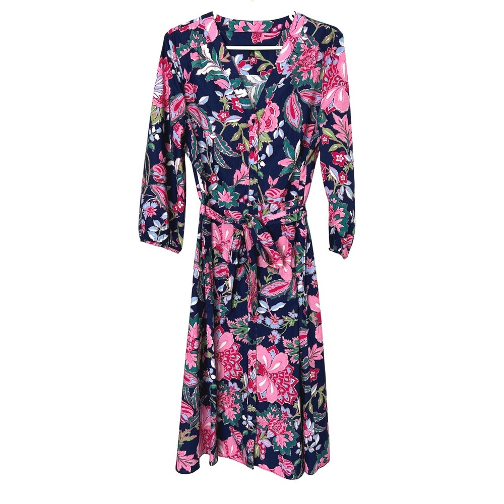 Talbots Dress Womens 12 Navy Pink Floral garden party chic Midi Belted Preppy